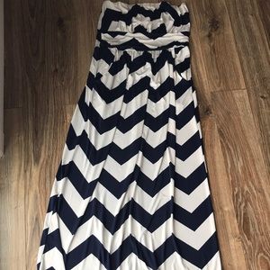 Chevron Navy & White strapless maxi dress